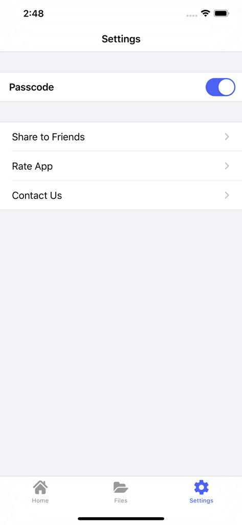 The settings screen of the Secure File Manager app showing the passcode security toggle enabled.