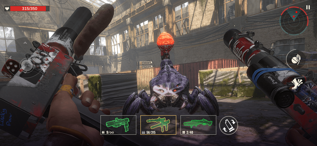 First-person perspective of a player dual wielding customized guns while facing a giant mutated spider monster in an industrial warehouse