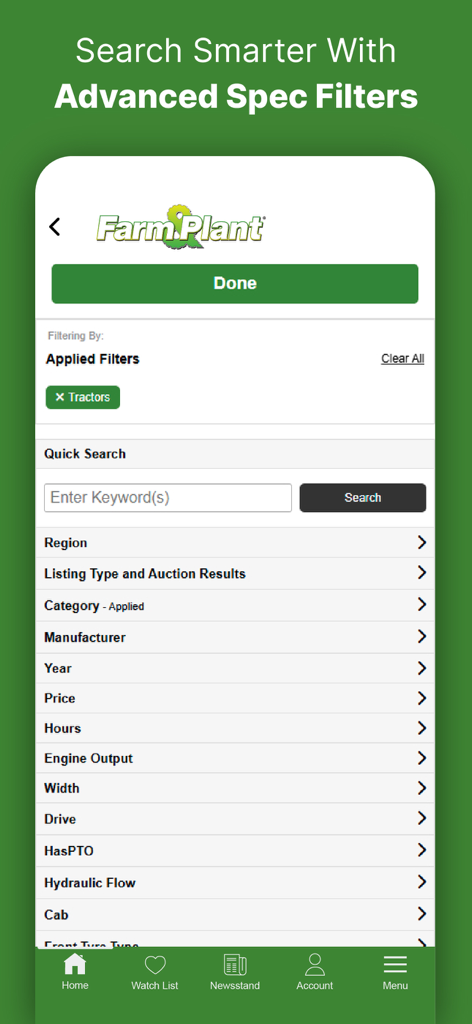 Farm And Plant - Interfaz de filtros de búsqueda avanzados de la aplicación Farm and Plant para maquinaria agrícola