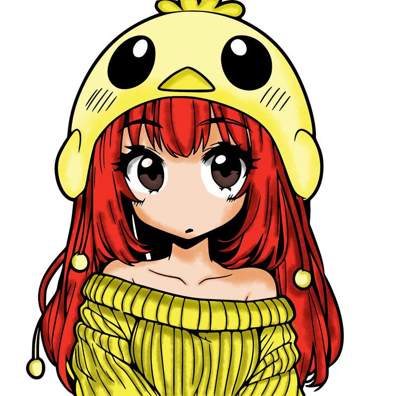 anime girl with chick shaped hat with sweater with bare shoulders with bangs covering them one eye with low tail