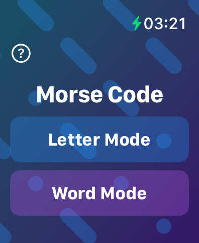 Interfaz de la aplicación Apple Watch mostrando modos de práctica de código Morse para letras y palabras