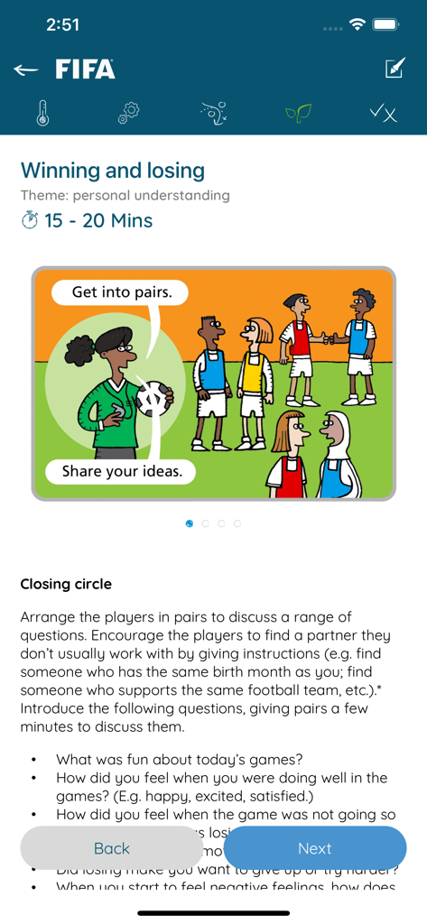 FIFA Football for Schools - A lesson screen in the FIFA Football for Schools app titled Winning and Losing showing a coach instruction illustration and closing circle discussion questions for children.