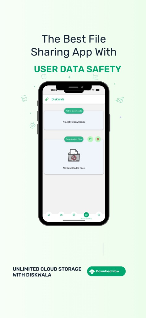 Diskwala - Diskwala mobile app screen highlighting secure file sharing and unlimited cloud storage features