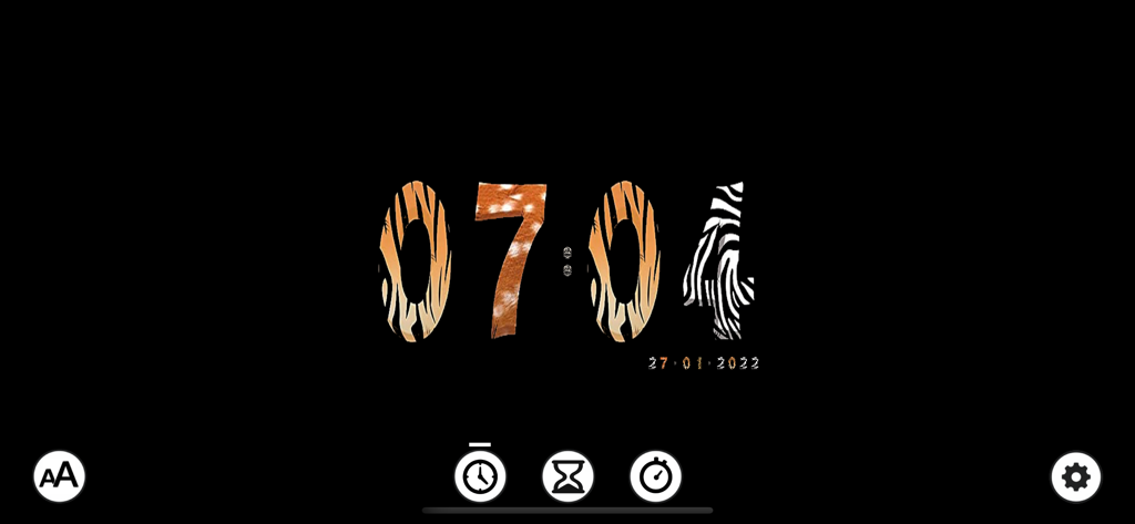 Digital clock displaying 07:04 in animal print fonts.