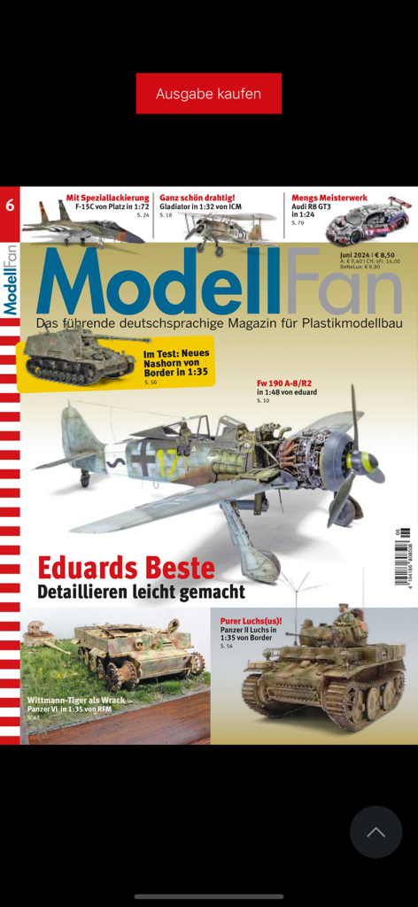 Titelseite der ModellFan Zeitschrift in der Militaer and Geschichte ePaper App mit Kunststoffmodellen von Flugzeugen und Panzern