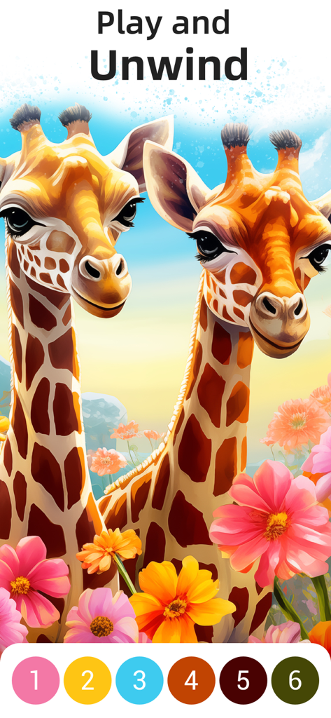 Super Color® - Paint by Number - Digital paint by number game featuring a giraffe and flower illustration.