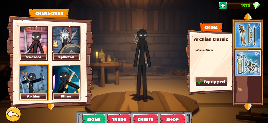 Stickman character selection and skins menu in the Stick Infinite Kingdom mobile game