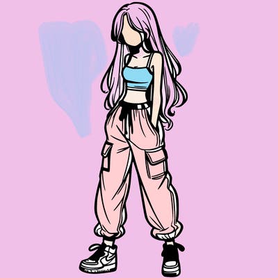 girl in baggy pants crop top and long hair