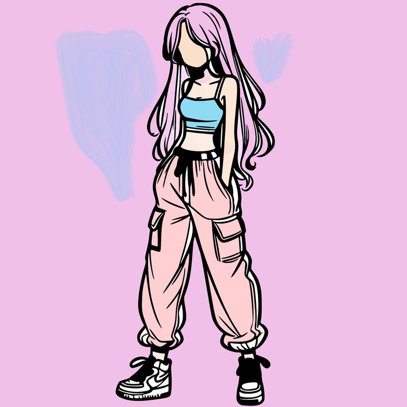 girl in baggy pants crop top and long hair