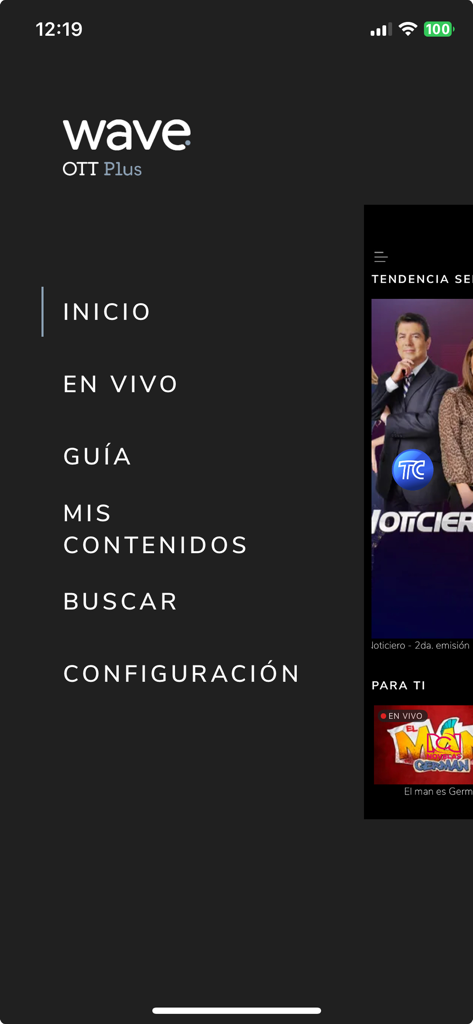 WAVE - Interface de l'application mobile WAVE OTT Plus montrant un menu de navigation sombre en espagnol avec des options pour la TV en direct et la recherche