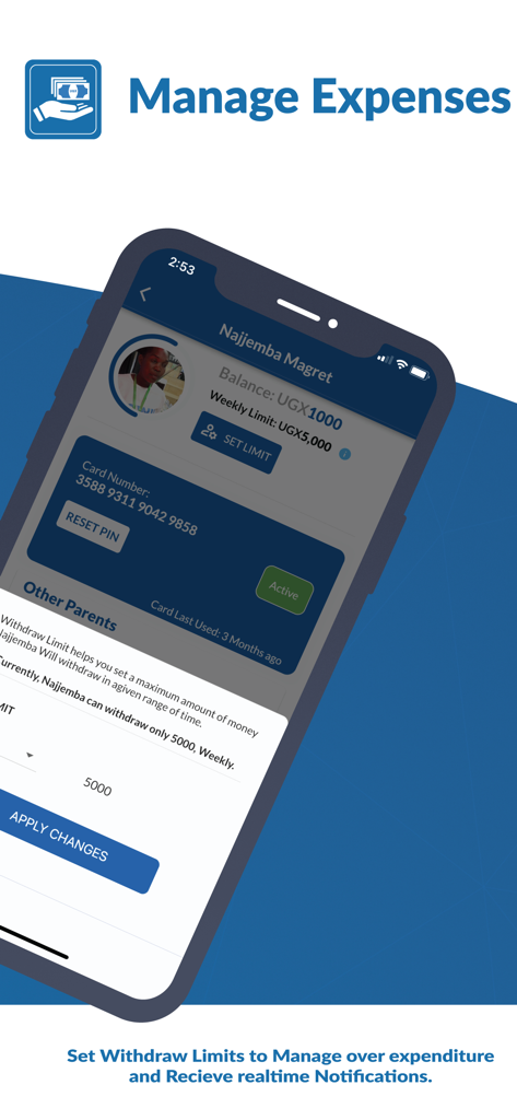 Kawu - Painel do aplicativo Kawu mostrando como gerenciar despesas do filho e definir limites de saque semanais.