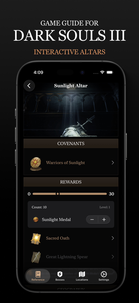 Game Guide for Dark Souls III - Interactive Sunlight Altar screen in the Dark Souls III game guide app showing covenant rewards