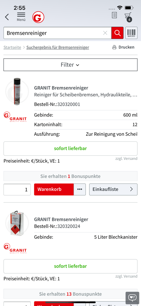 GRANIT PARTS - Risultati della ricerca di pezzi industriali nell'app mobile Granit Parts che mostrano dettagli del prodotto e stato delle scorte