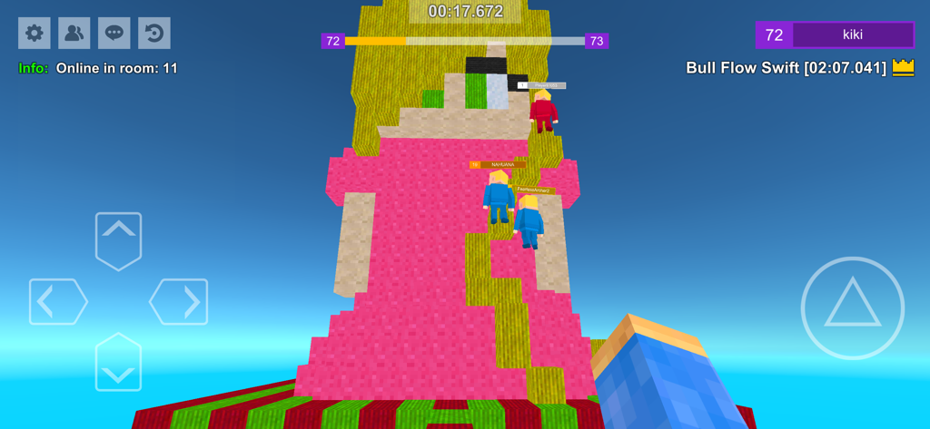 Parkour Craft:Online PvP Games - Players climbing a giant pixel art character in Parkour Craft online multiplayer mode