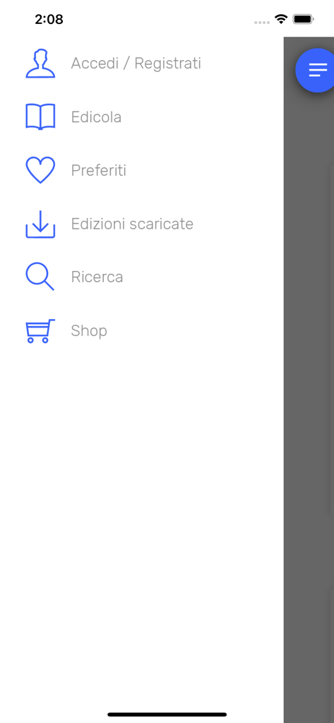 L'Eco di Bergamo Digital - Side navigation menu of the LEco di Bergamo Digital app showing options for Newsstand Favorites and Search