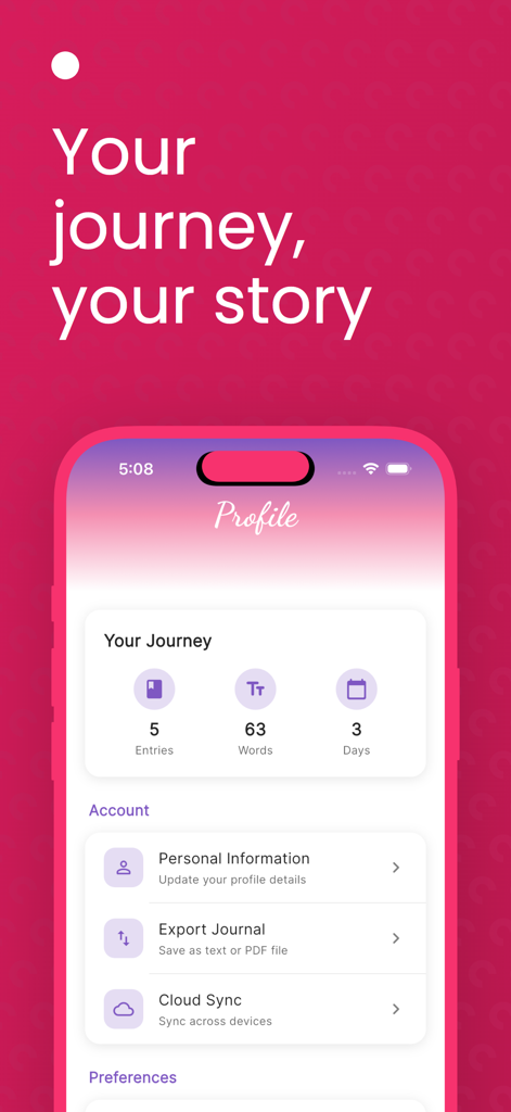 Dear Diary AI - Journal - User profile screen of Dear Diary AI app showing journaling statistics including total entries, words written, and active days alongside account settings like cloud sync and journal export.