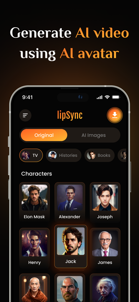 LipSync: AI Video Generator - Interface do aplicativo LipSync mostrando uma grade de avatares de celebridades de IA para geração de vídeo