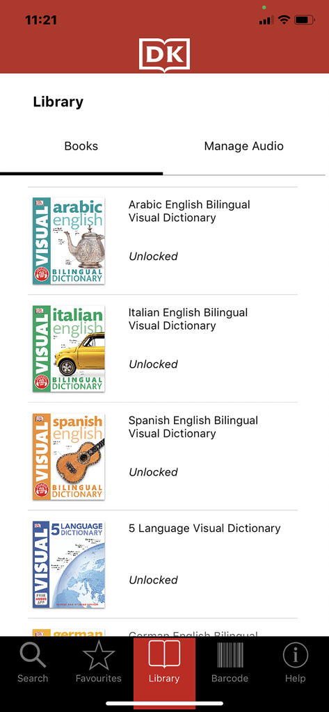 DK Visual Dictionary (2017) - Library screen showing several unlocked bilingual dictionaries in the DK Visual Dictionary app