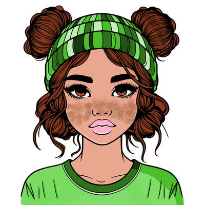 realistic girl with buns in her hair with a beanie on