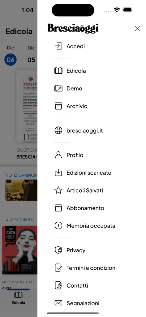 Bresciaoggi - Menu laterale di navigazione dell'app Bresciaoggi che mostra le opzioni per l'archivio della newsstand e il profilo utente