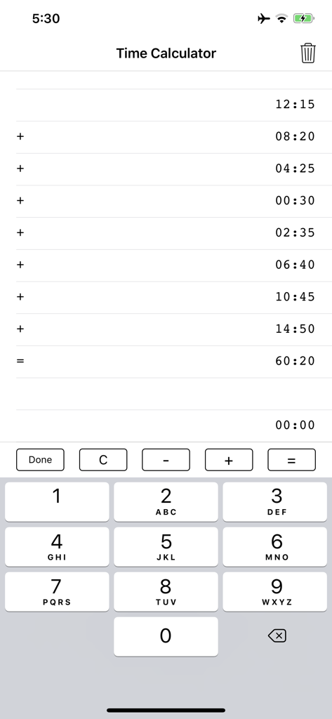 Screenshot of a time calculator app interface showing a list of durations being added together to reach a total sum