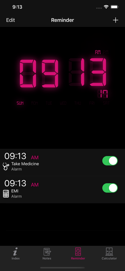 Interface de lembrete do aplicativo Medical Dictionary Premium mostrando alarmes de medicamentos agendados.