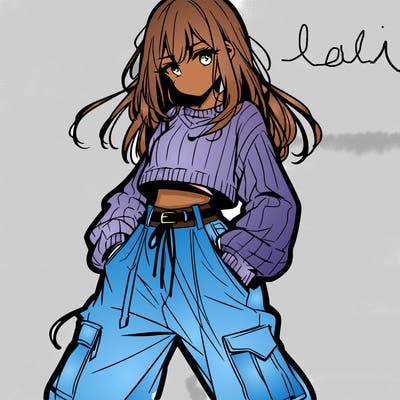 anime teen girl with baggy pants and crop top with sweater