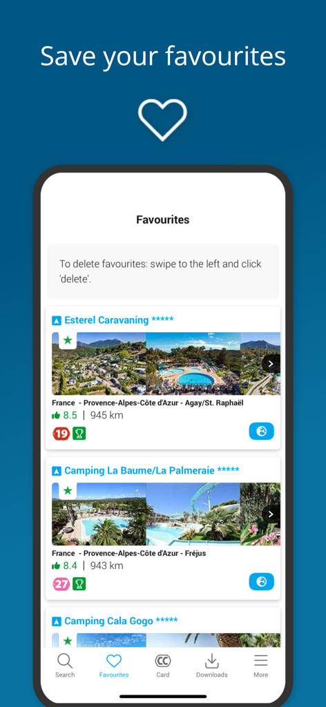 Smartphone display showing a list of saved favorite campsites in Europe within the CampingCard ACSI app.
