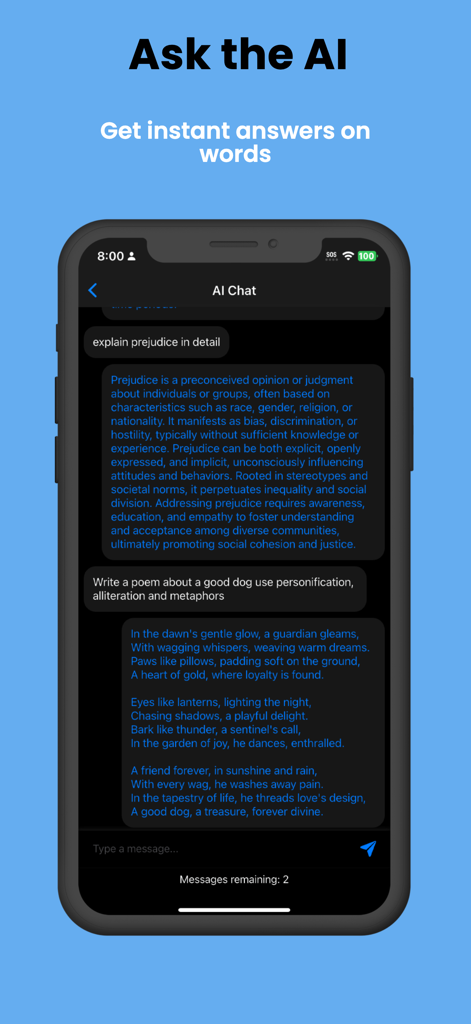 Pocket Thesaurus AI chat feature for vocabulary and writing help