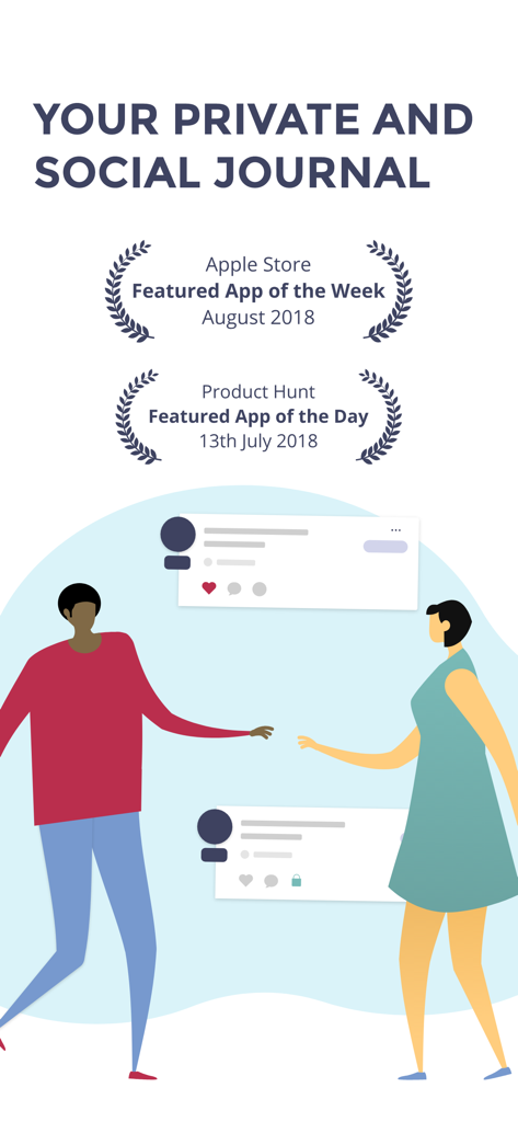 Logg: Personal Journal & Diary - Promotional screen for Logg app highlighting its private and social journal features along with Apple Store and Product Hunt awards
