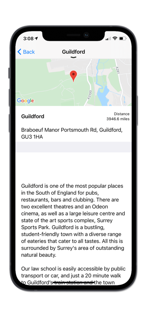 Map and campus details for Guildford on the My ULaw app