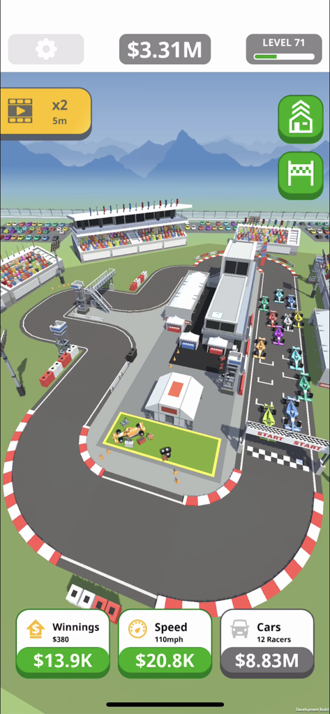 Vista aérea de una pista de carreras 3D en Carreras de Tap Inactivo con coches e interfaz de magnate