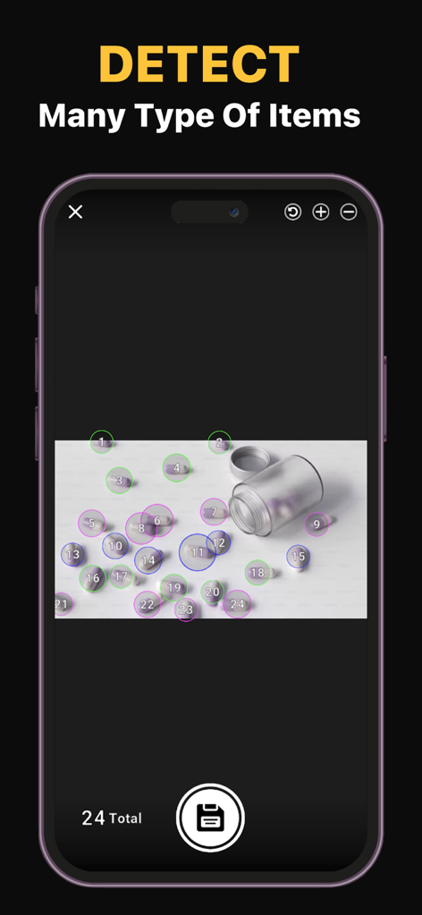 Count Things Ai Object Counter - Interfaz de la aplicación Count Things AI que muestra 24 pastillas detectadas y numeradas automáticamente en la pantalla de un teléfono inteligente