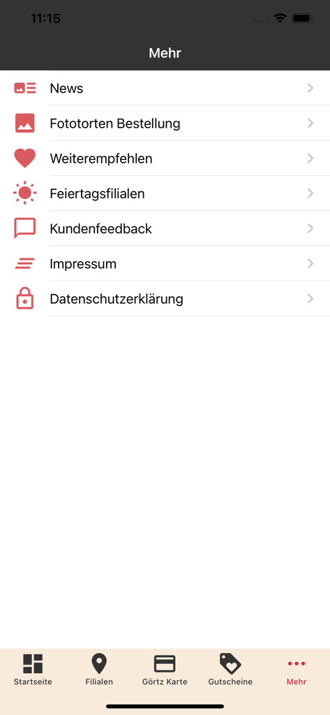 Bäcker Görtz - More menu screen of the Baecker Goertz app featuring options for photo cake ordering news and customer feedback