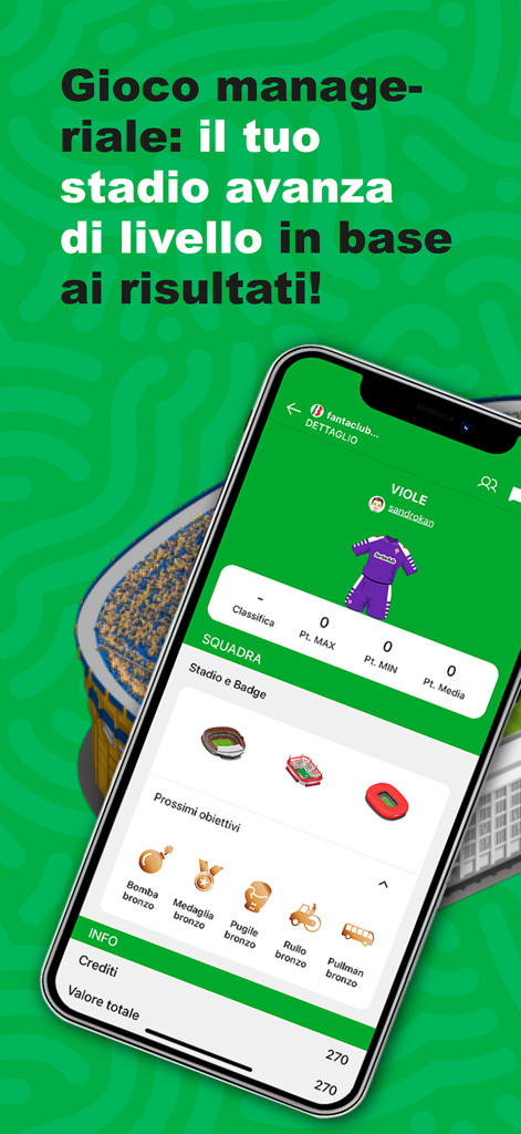 Fantaclub - Schermata dell'app mobile Fantaclub che mostra la progressione dello stadio e i badge di achievement della squadra nella modalità di gioco manageriale.