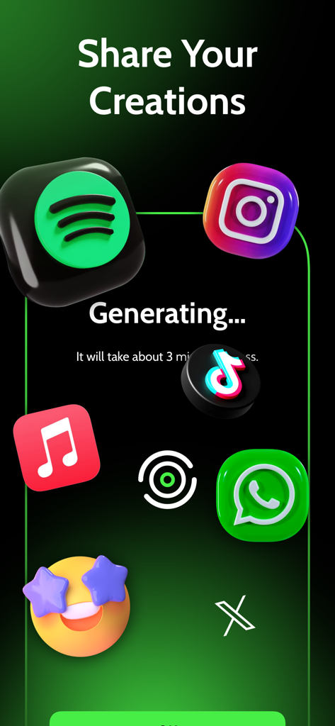 Interface showing social media share options for AI music creations