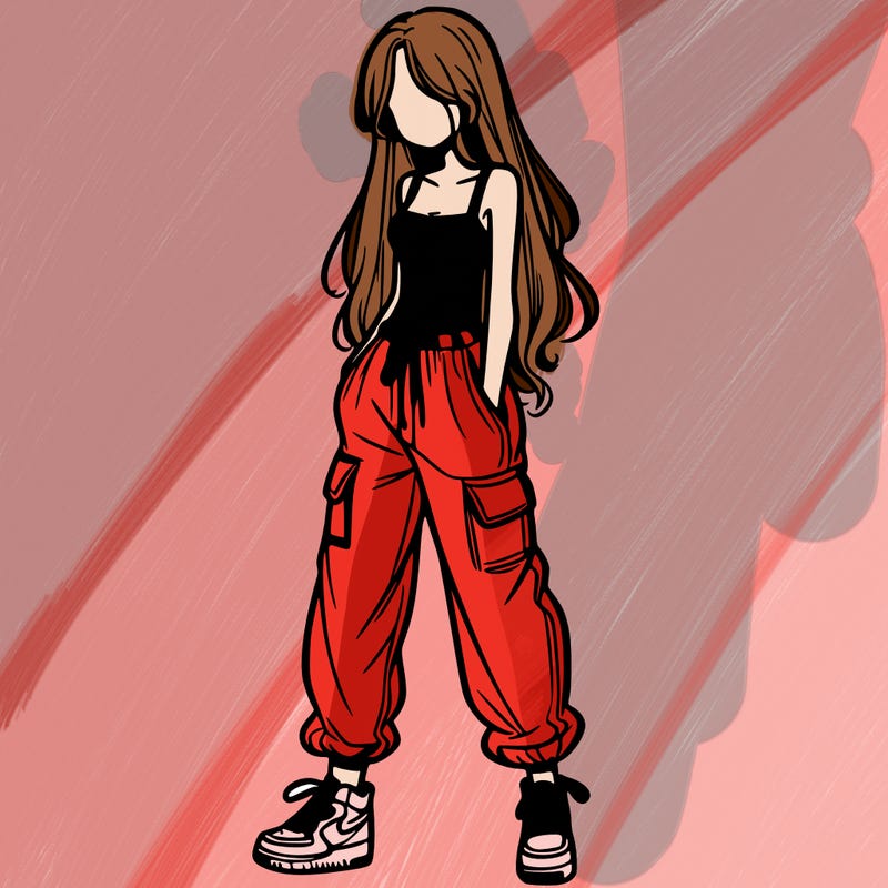 girl in baggy pants crop top and long hair