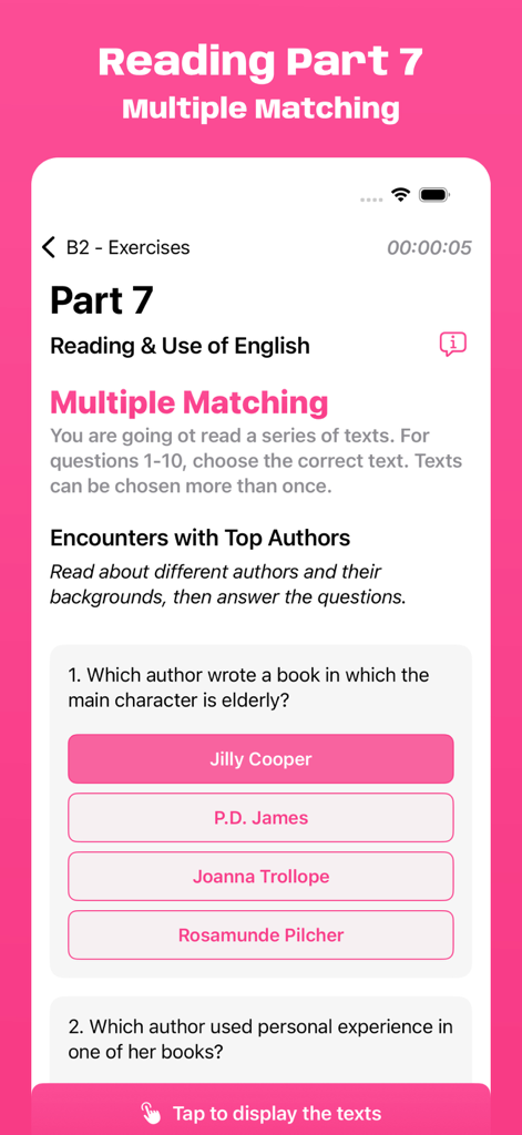 Schermata dell'esercizio di abbinamento multiplo Reading Part 7 del simulatore dell'esame Cambridge B2