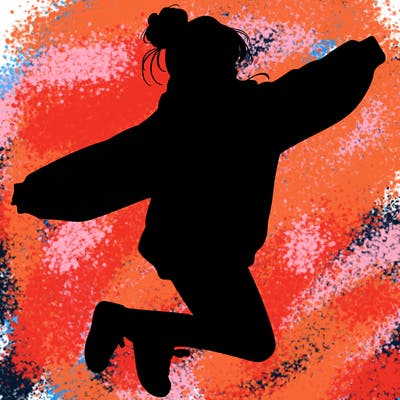 realistic girl jumping with a bun and oversized sweatshirt
