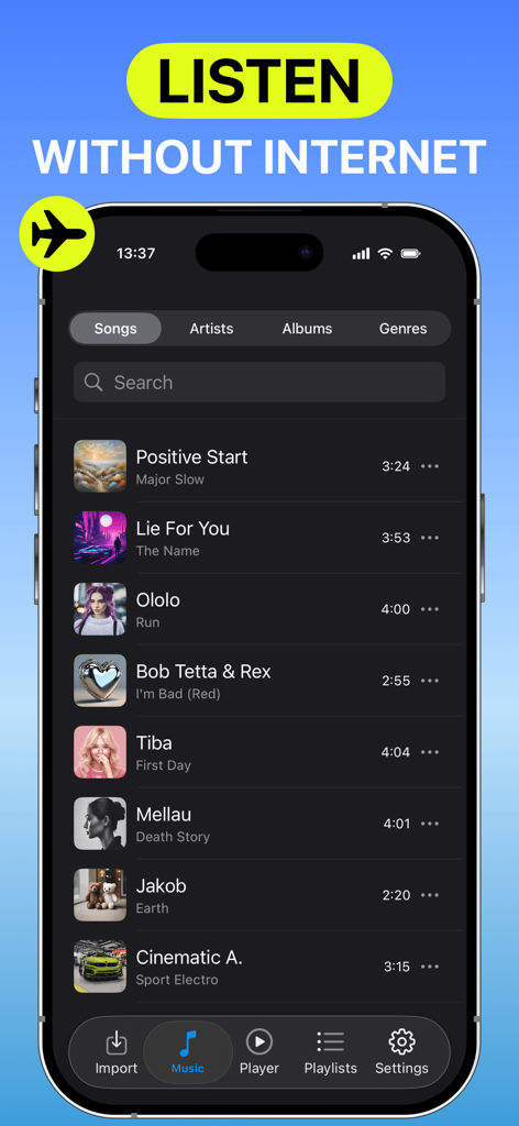 Anywhere - Music Player - Interfaz de la aplicación Anywhere Music Player mostrando una biblioteca de canciones para escuchar sin conexión y sin internet.