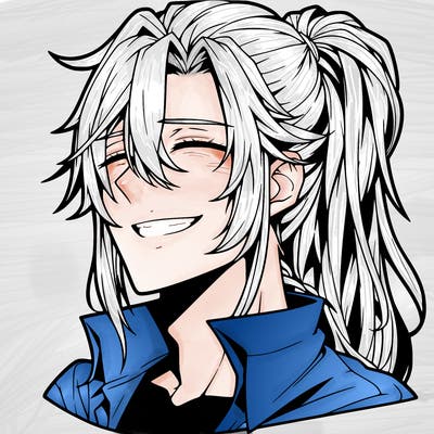 realistic hot anime boy with a grin and long hair in a pony tail