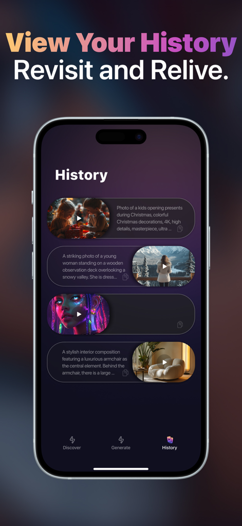 Loomi AI - ‎AI Video Generator - Écran de smartphone montrant l'historique des vidéos générées par IA dans l'application Loomi AI.