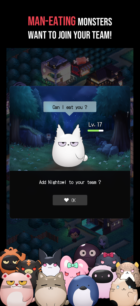 Paranoize - A round white owl monster named Nightowl asking to join the player team in the Paranoize app interface