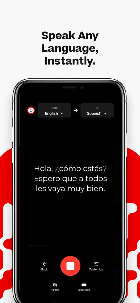 Dababel - Dababel mobile app screen showing real-time voice translation from English to Spanish with a dark theme interface.
