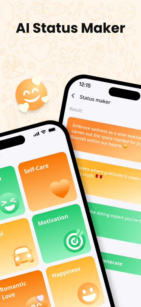 Interface de l'application WAAI montrant la fonction AI Status Maker avec des catégories telles que Motivation et Soins personnels