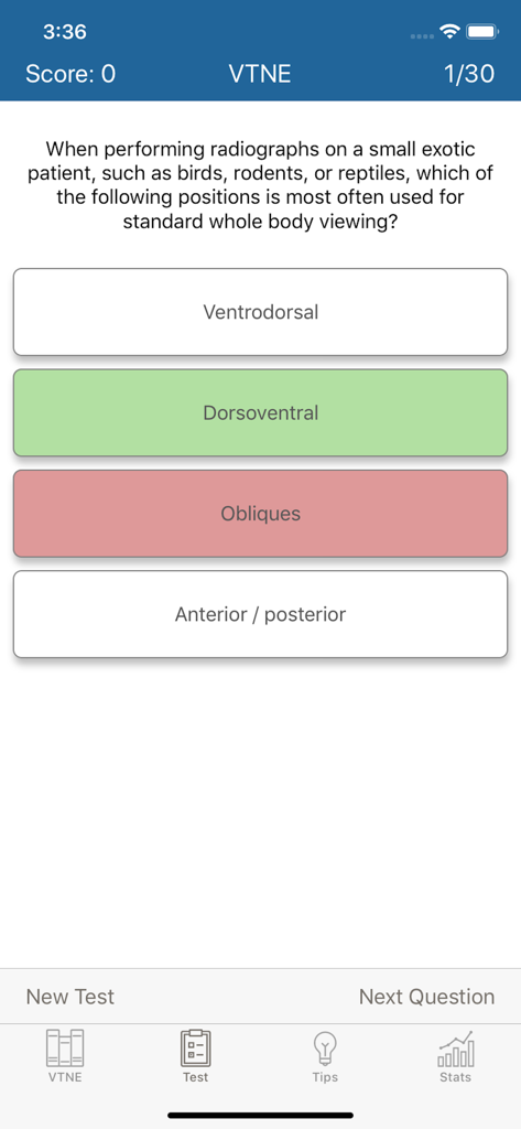 A multiple choice question on the VTNE veterinary exam prep app about radiograph positions.