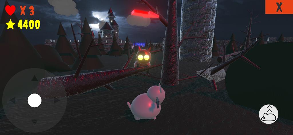 Scary cats - A white cat explores a spooky 3D forest with a castle in the background in the Scary cats mobile game
