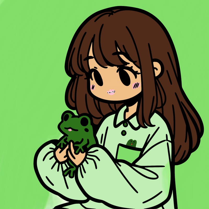 girl with long hair and a oversized shirt. and she is holding a frog