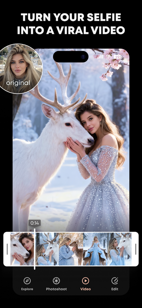 GIO 앱의 인터페이스로, 셀카가 눈 덮인 숲 속에서 순록과 함께 있는 여성의 시네마틱 AI 비디오로 변환되는 모습을 보여줍니다.