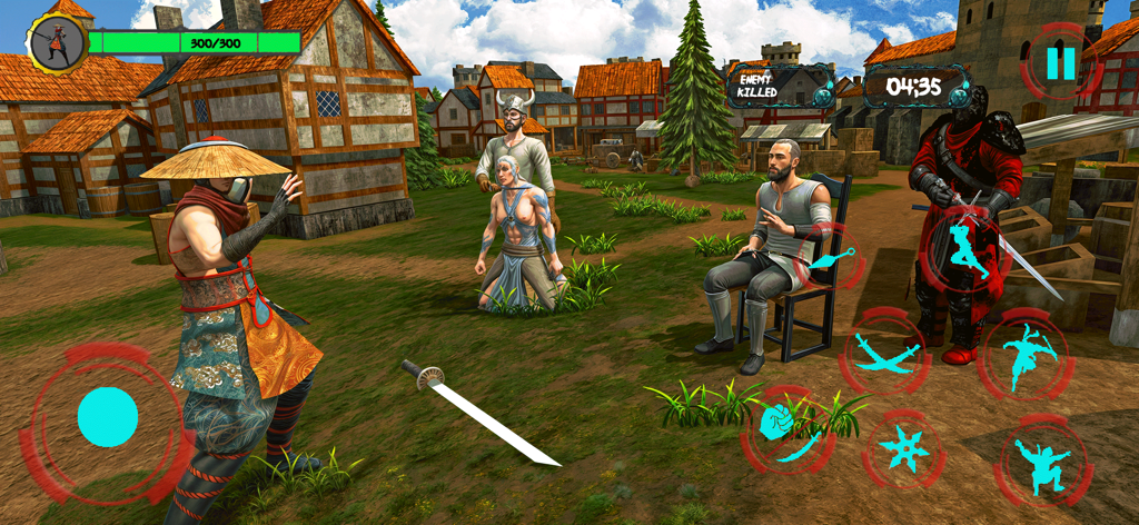 Shadow Ninja: Stealth Assassin - A ninja warrior in a straw hat confronting enemies in a village square during a mission.